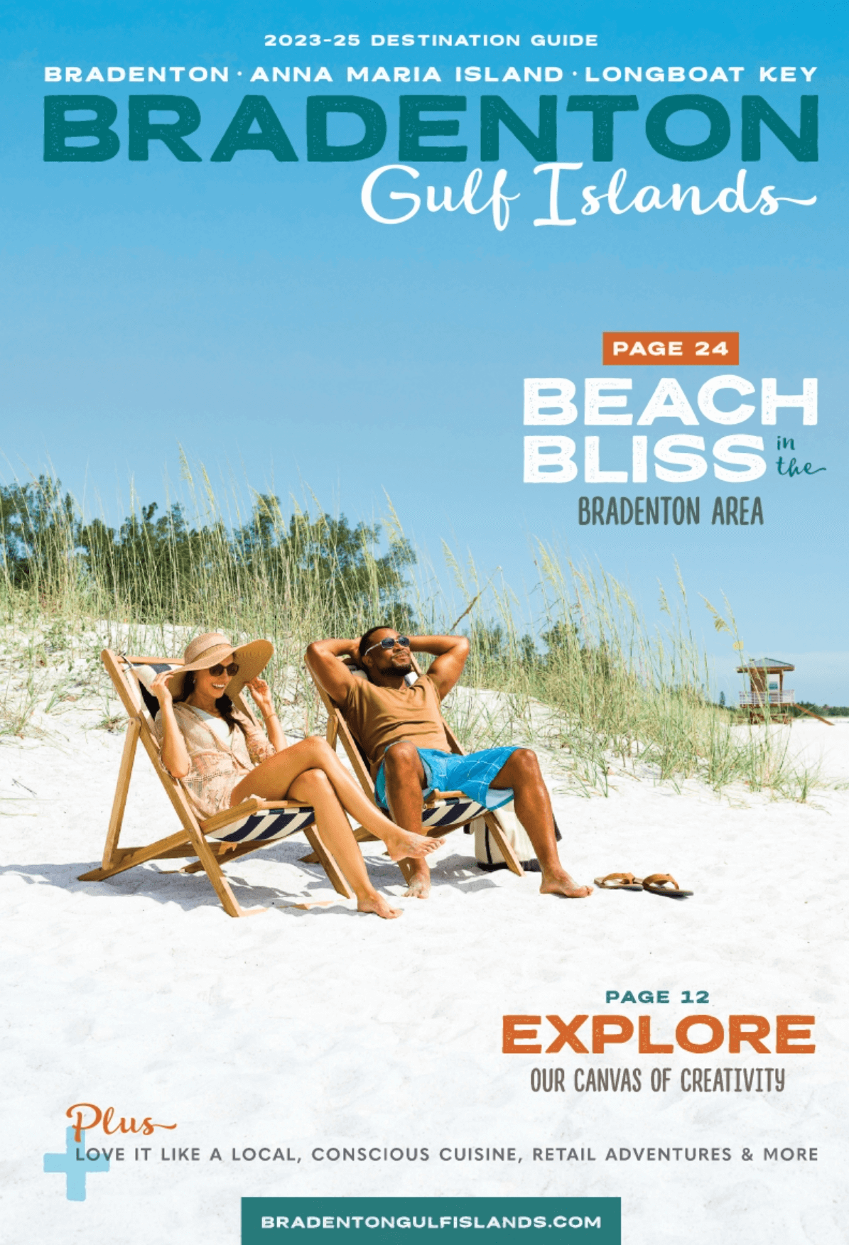 a man and woman sitting in chairs on a beach, with details of the destination guide contents such as "Beach Bliss" and "Explore our Canvas of Creativity" 